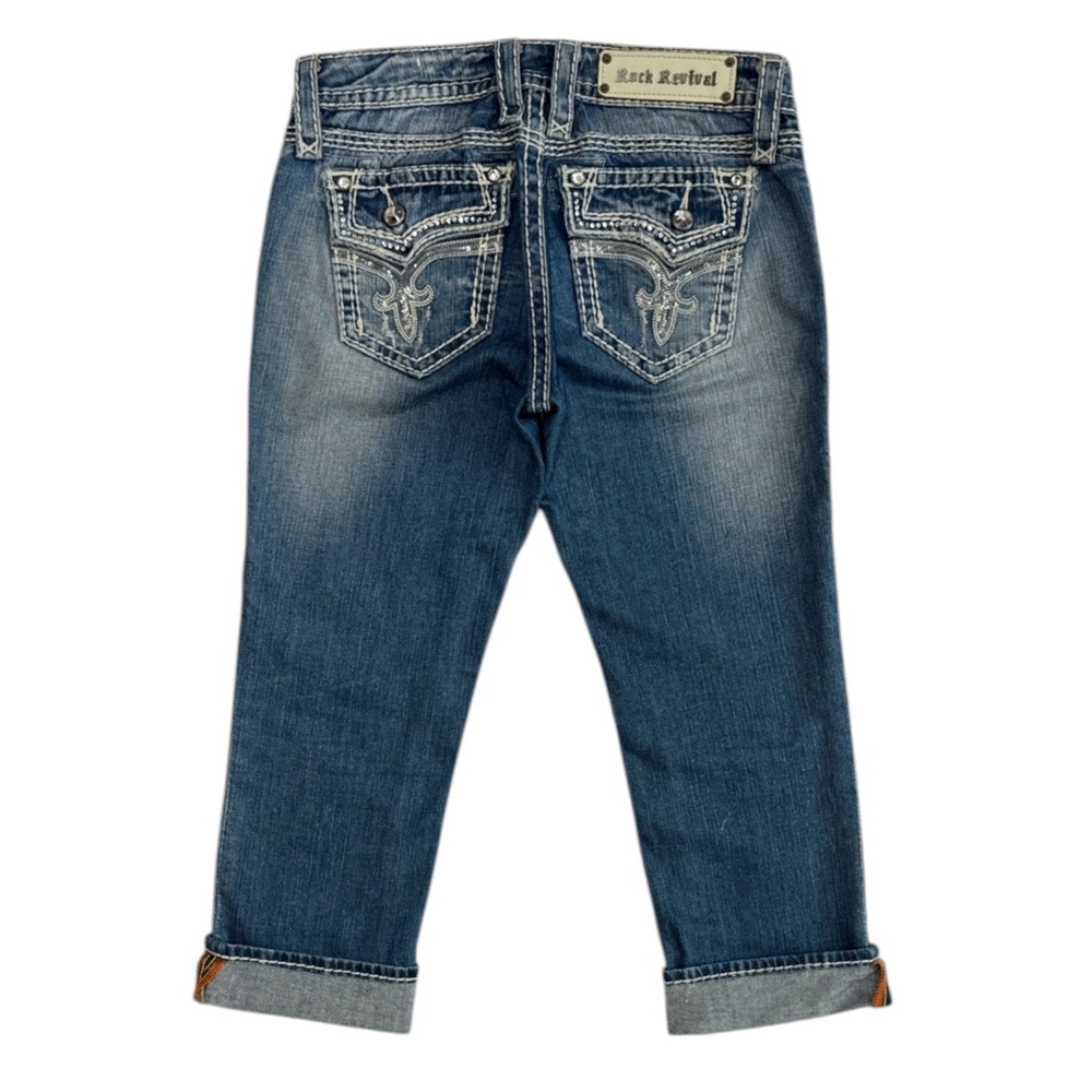 Rock Revival Kai Capri Distressed Low-Rise Rhinestone Embellished Denim Jeans 26 - Picture 3 of 16